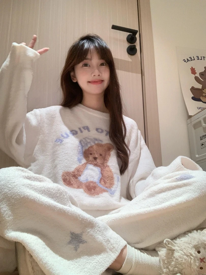 韩版可爱小熊毛绒刺绣睡衣女冬季加绒加厚半边绒家居服大码套装冬
