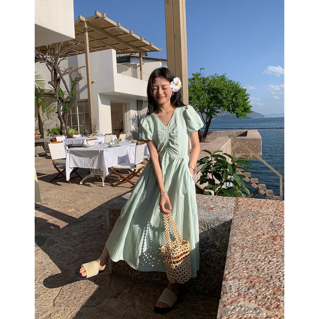 【西西里安】仲夏杜乐丽~缩褶V领花苞袖温柔感茶歇连衣裙