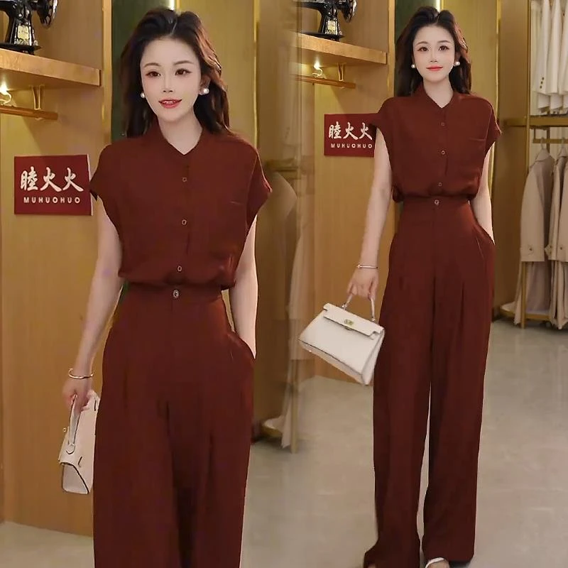 时尚气质套装女2025夏季新款洋气显瘦短袖陈翔高腰阔腿裤两件套潮