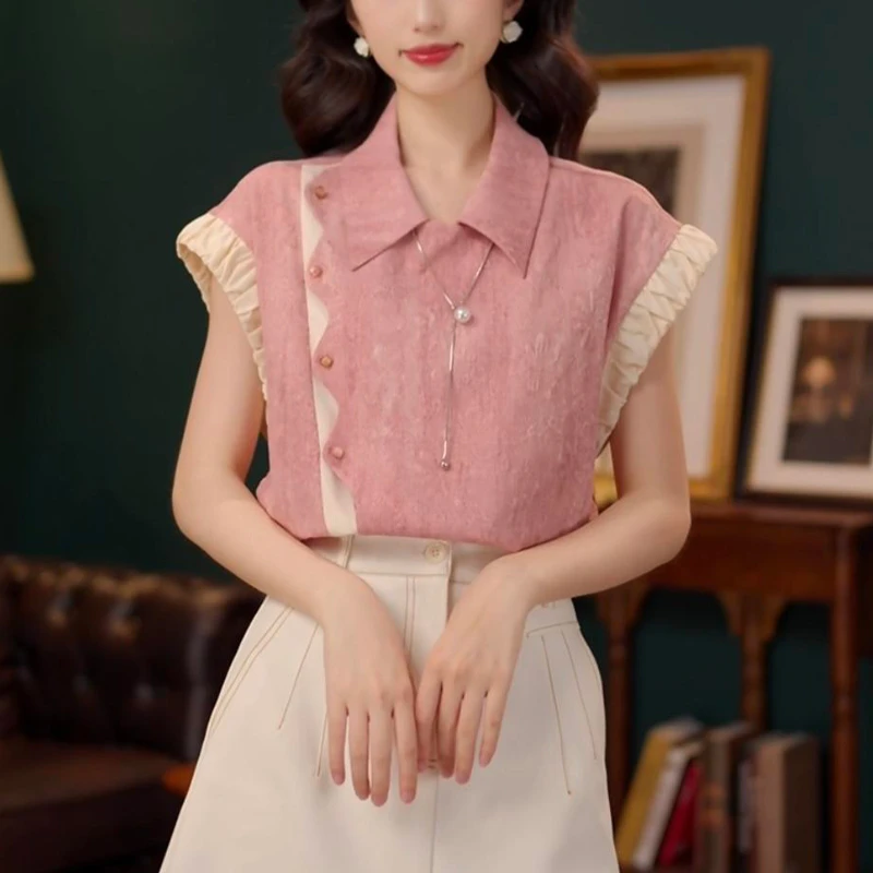 时尚撞色拼接短袖衬衫女2025夏季新款复古港风洋气百搭翻领上衣潮