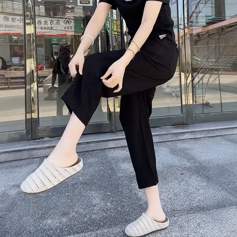 大码高腰显瘦窄版休闲直筒老爹裤夏季薄款垂感百搭宽松遮胯哈伦裤