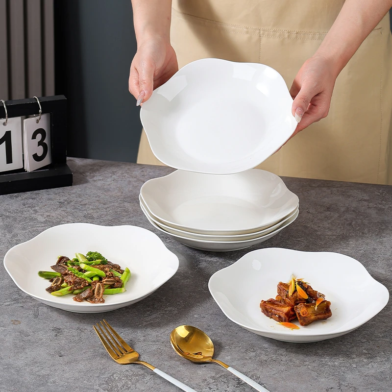 句途6只8英寸花瓣盘家用陶瓷餐盘深盘白色釉下彩餐具创意西餐盘子