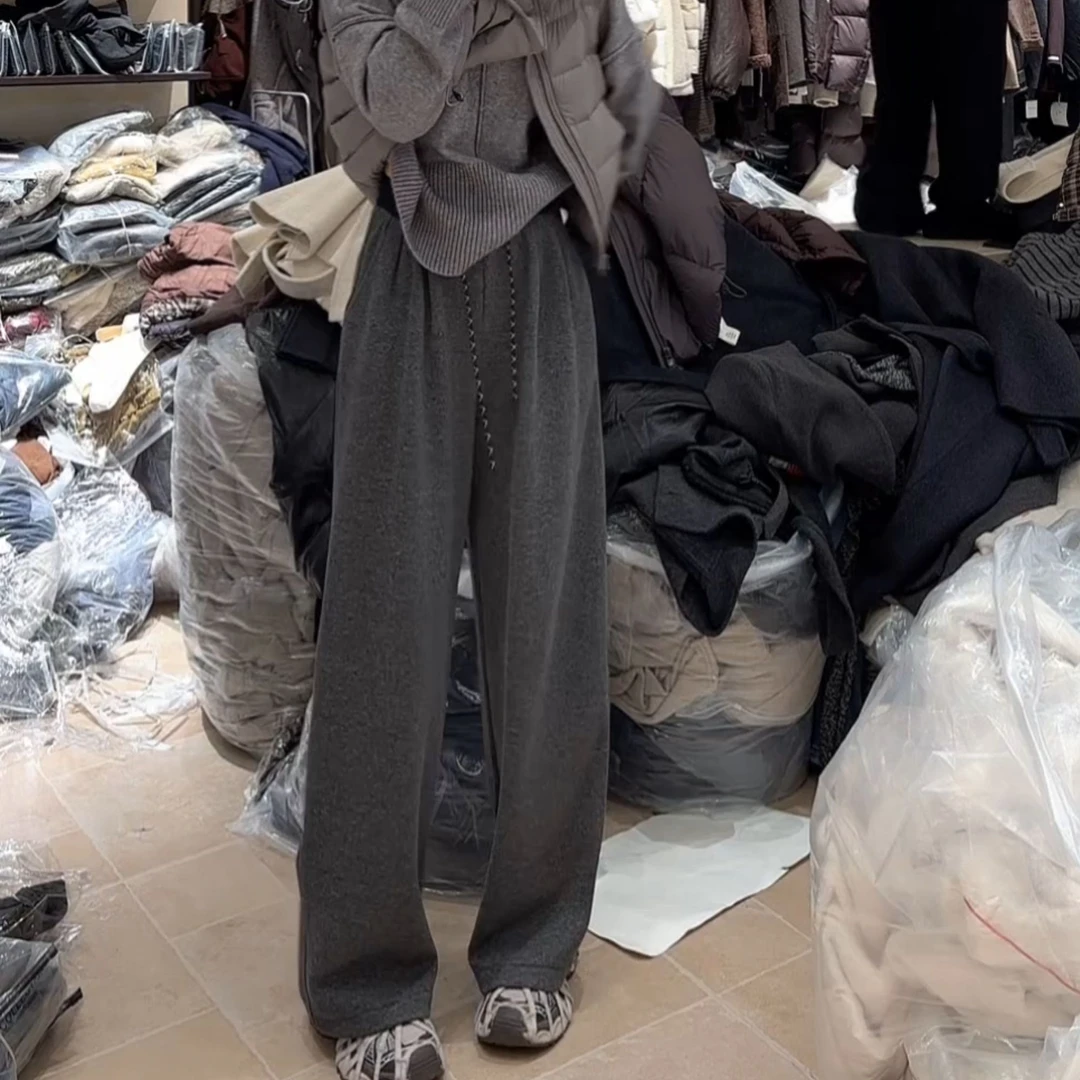 2025秋冬高腰显瘦长裤休闲复古松紧腰加绒抽绳弯刀裤LK2507130