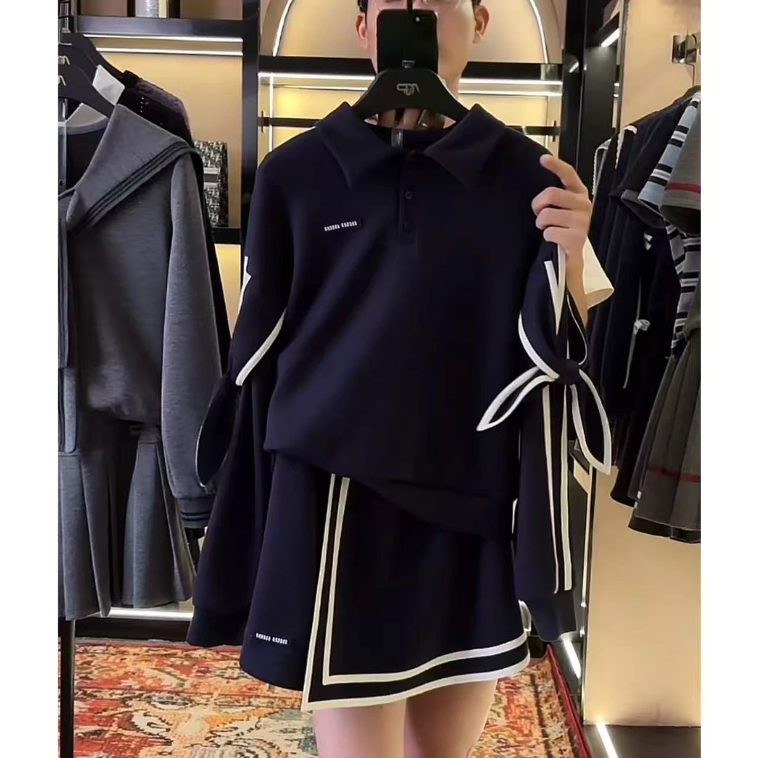 【宠粉价】秋冬新款时尚藏蓝色领结气质洋气半身裙套装TZ-424