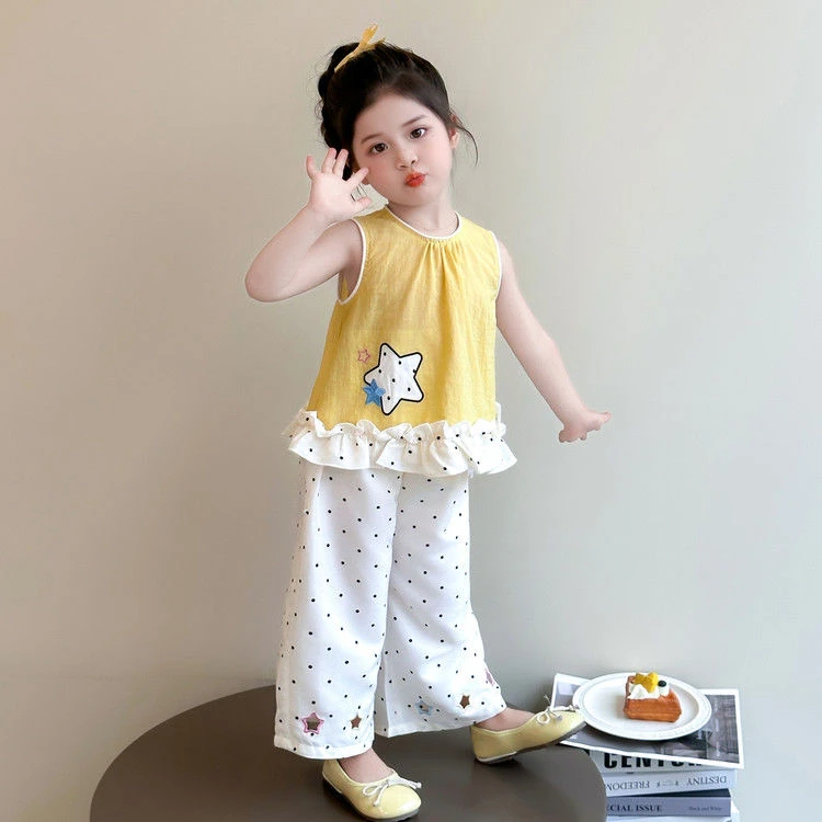 女童套装夏款韩版宝宝无袖两件套洋气儿童套装休闲长裤套装0068