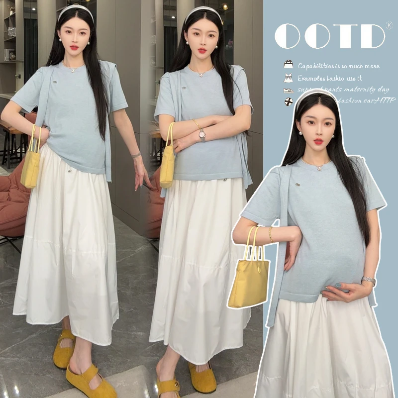 孕妇半身裙夏季套装气质减龄披肩短袖T恤上衣显瘦A字裙子两件套薄