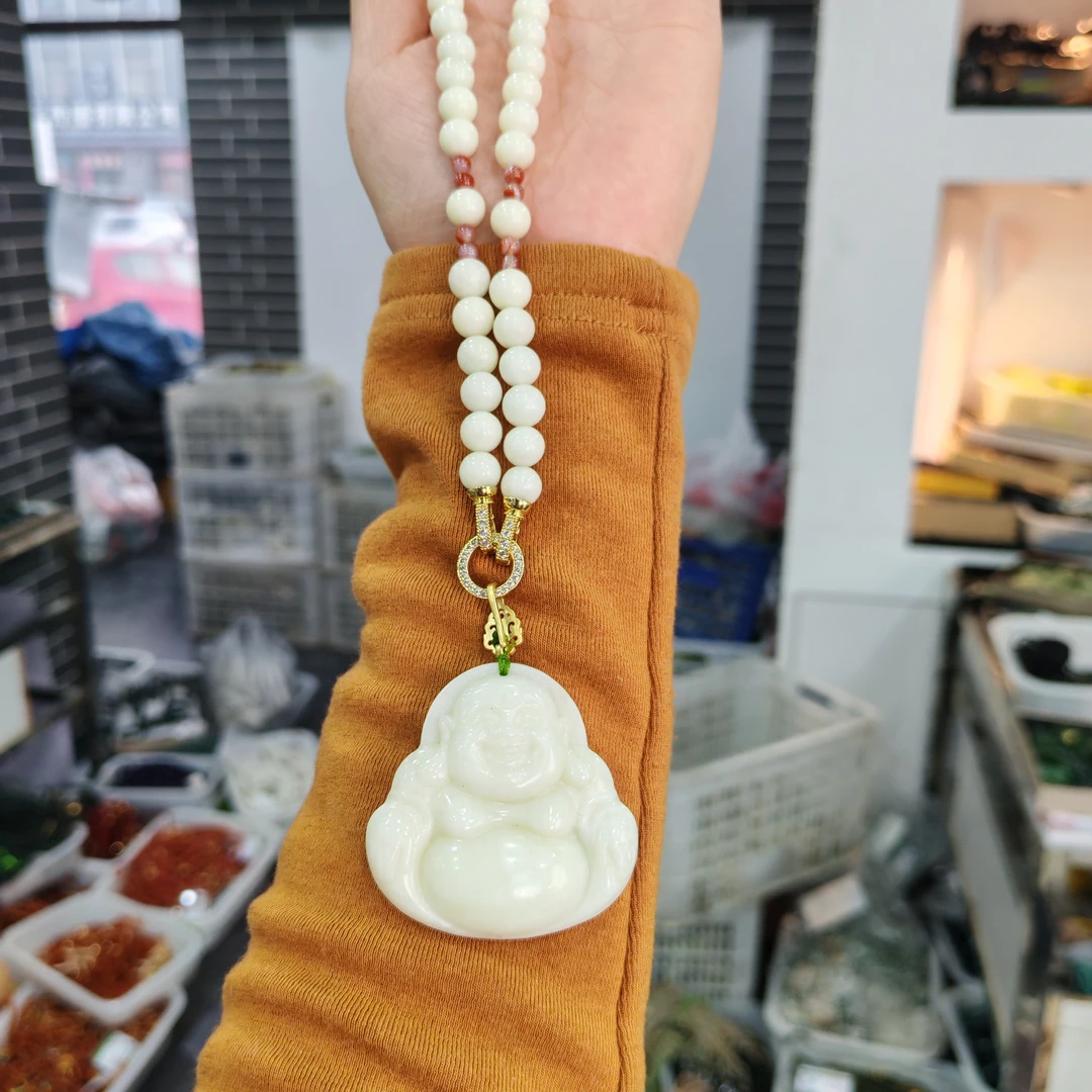 卡8-岫玉上品精美白色恋人妈妈链双面佛公