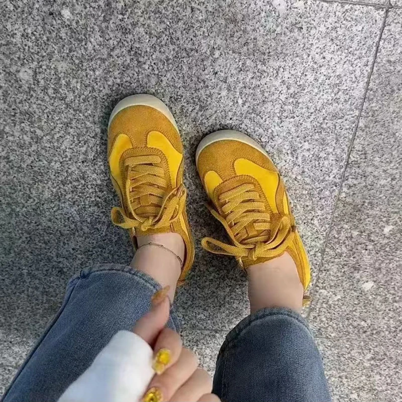 2025春季新款复古时髦拼色系带德训鞋女百搭软底板鞋黄色阿甘鞋女