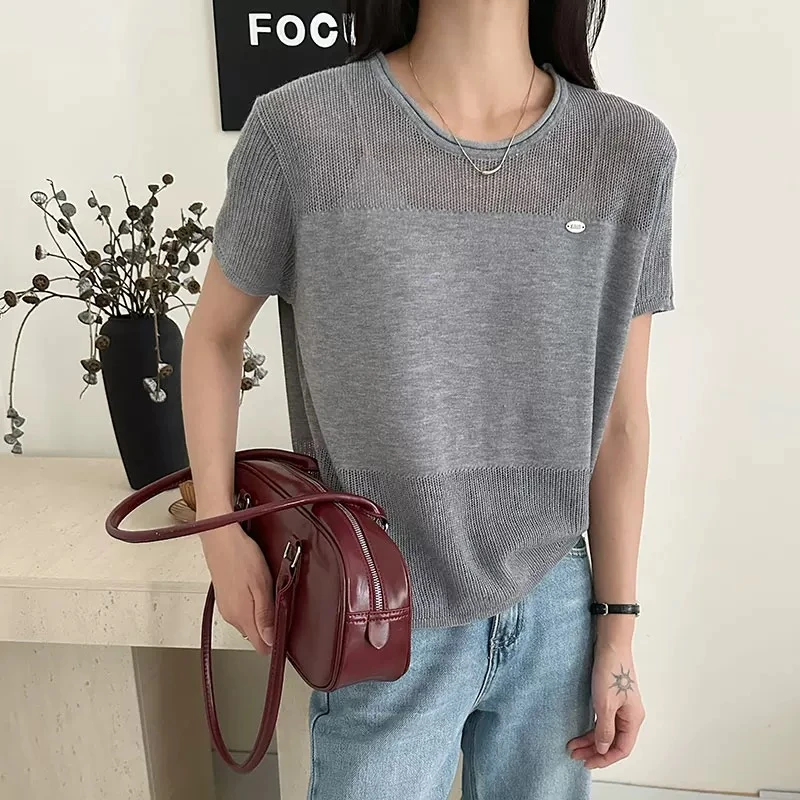 镂空薄款短袖T恤针织衫女薄款2025夏天新款时尚洋气宽松t恤上衣