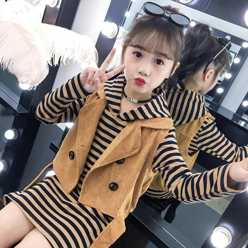 巴拉KIDS女童春装洋装儿童套装春秋款洋派女大童春秋马甲条纹裙子