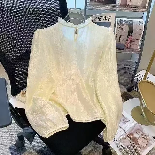 法式木火钉珠立领气质小香风长袖衬衣设计感十足