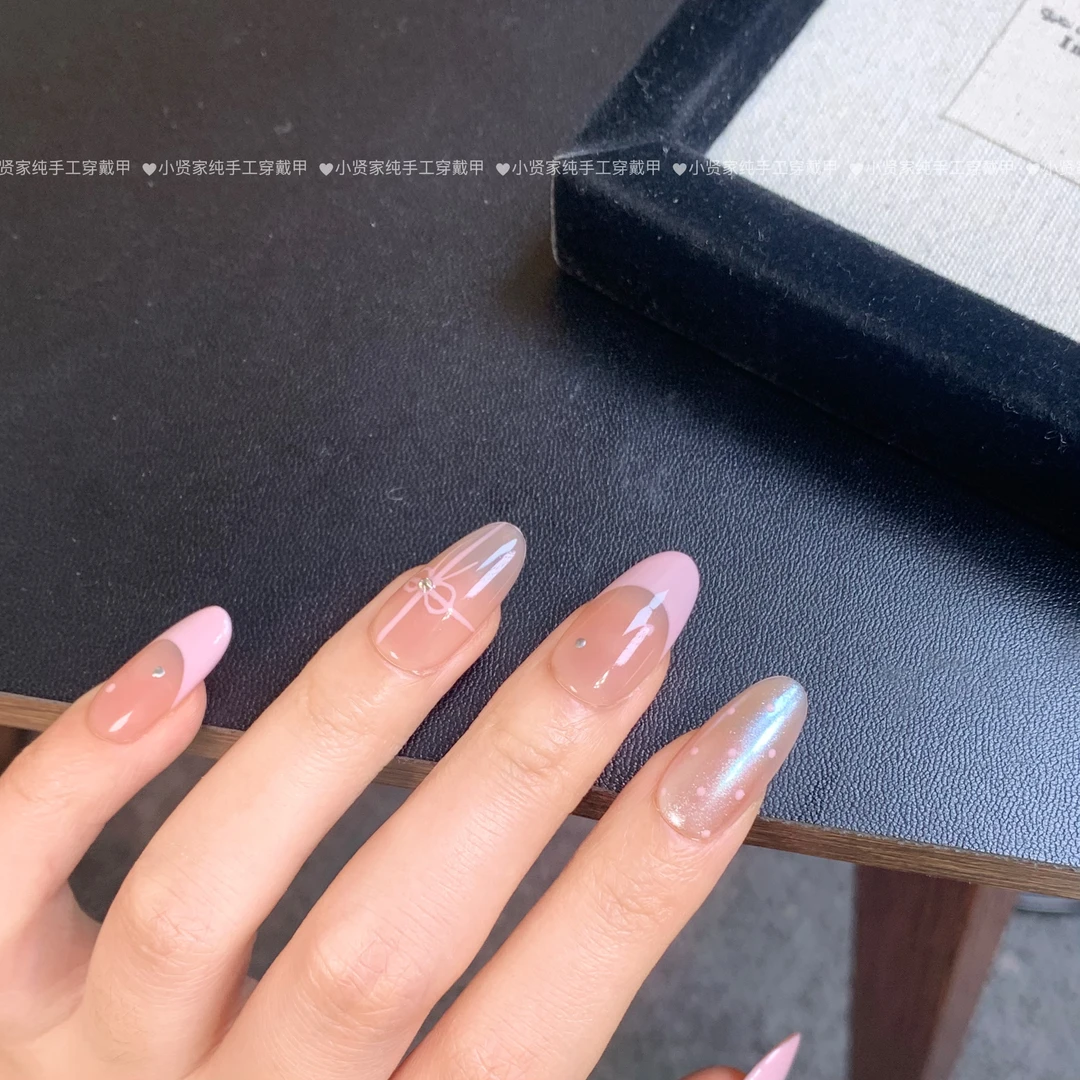 （现货）安娜皮粉法式蝴蝶结甜美手工穿戴甲2025爆款美甲高级B65