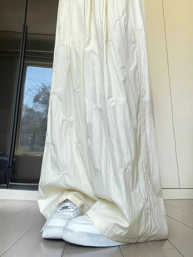 大码300斤冰丝刺绣蝴蝶结山本裤女夏季薄2025新款休闲遛弯阔腿裤