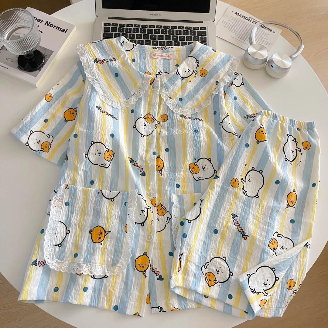 2025新款自嘲熊云朵棉带胸垫睡衣女春夏季甜美卡通短袖家居服套装