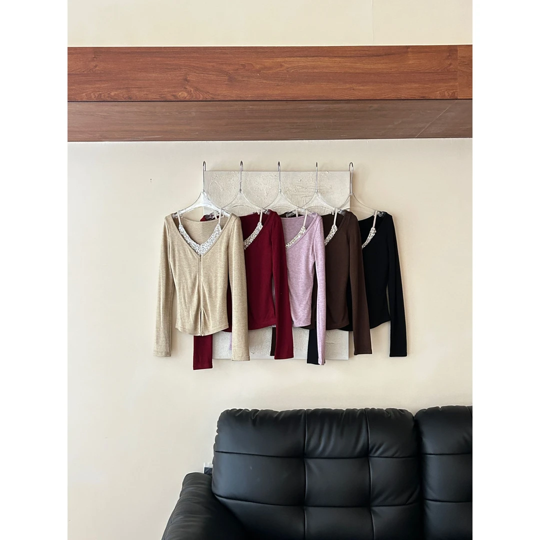 【赵小小&韩女高定】9139 韩系拼接亮片假两件长袖t恤温柔显瘦上衣