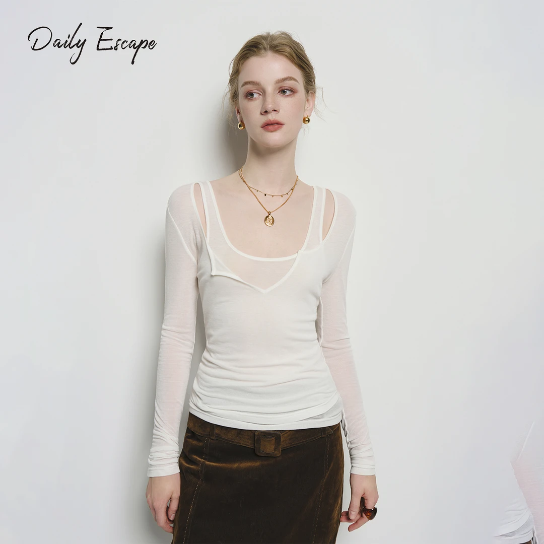 DAILY ESCAPE羊毛混纺吊带背心/长袖T恤叠穿套装女秋季修身打底衫