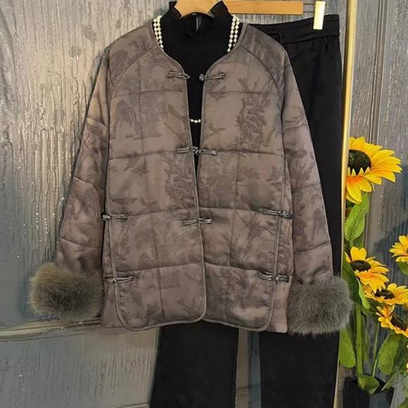 胖MM加肥毛毛袖口暗花国风棉外套大码女装黑色显瘦松紧腰直筒裤子