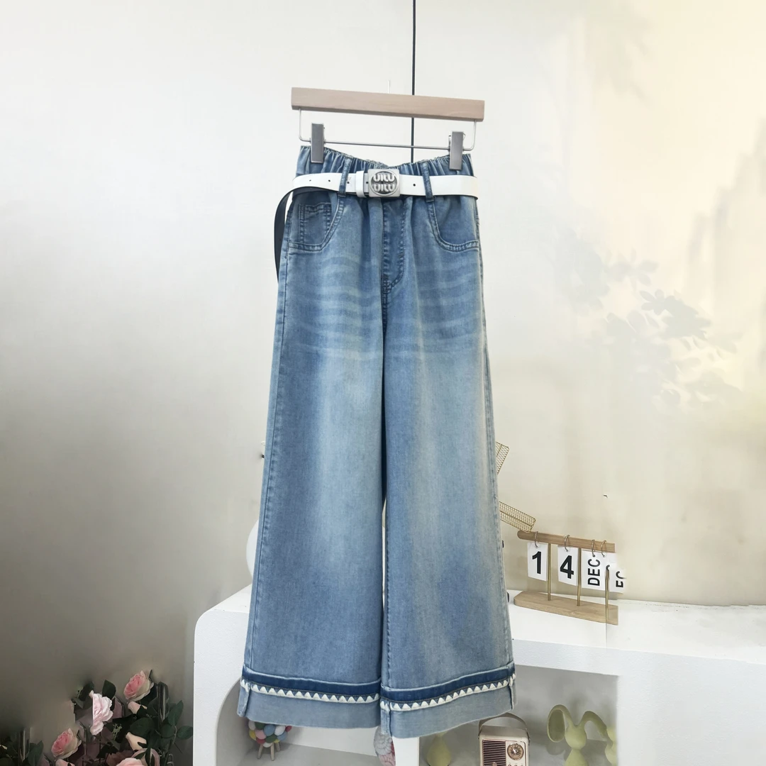 女童天丝牛仔裤夏季轻薄儿童蓝色高腰直筒休闲百搭宽松中大童