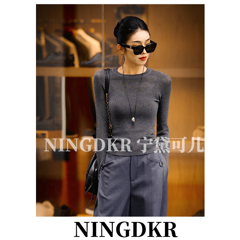 圳B40808细闪显瘦针织衫女长袖设计感时尚气质毛衣内搭打底上衣