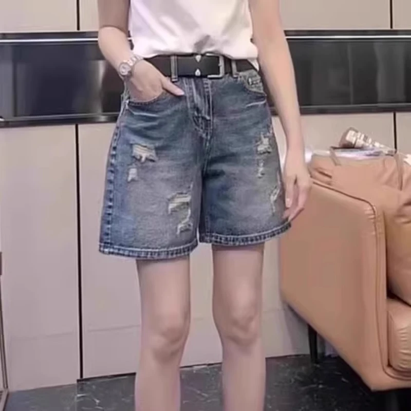 大码百搭复古直筒牛仔短裤2025夏季新款高腰显瘦破洞五分阔腿裤子