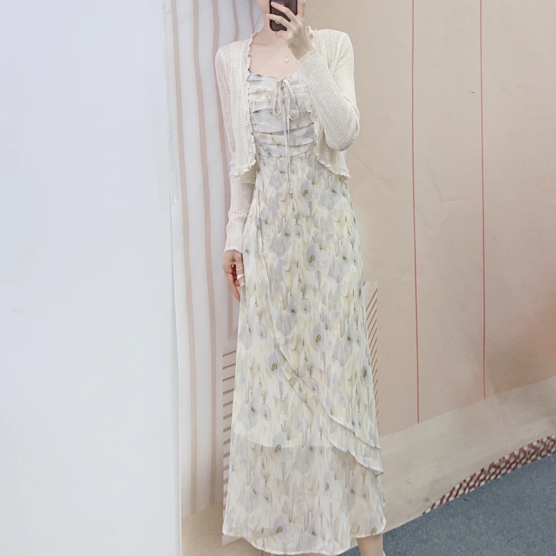 068针织开衫+吊带碎花连衣裙两件套裙9068/GP