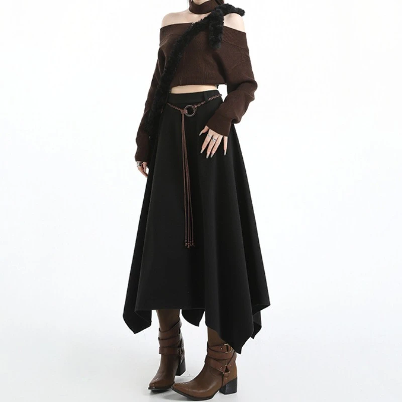 韩版灰色毛呢设计感不规则半身裙女秋冬高腰显瘦A字裙气质长裙子