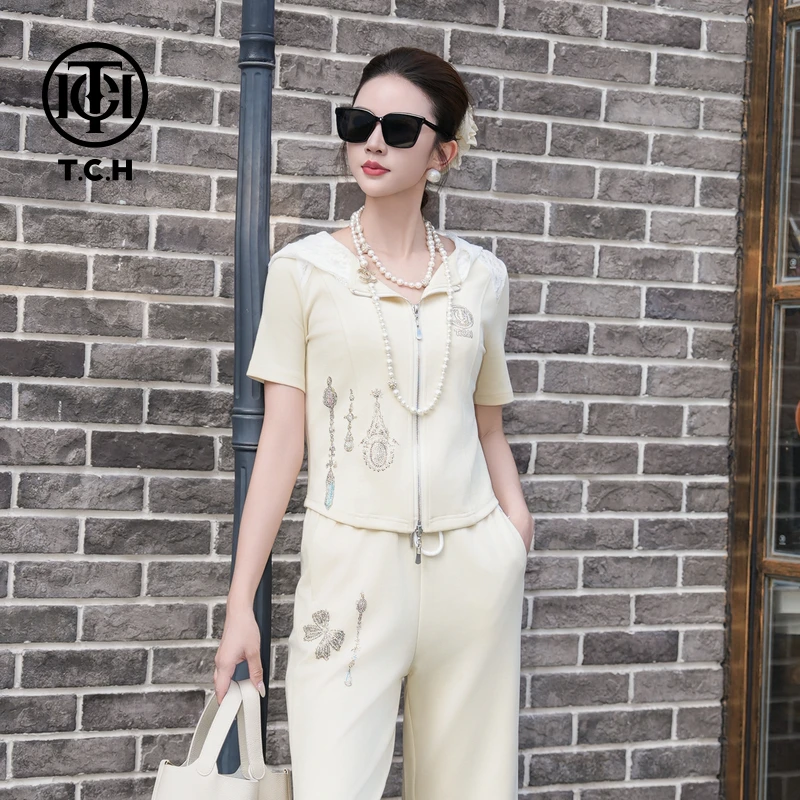 TCH私服早秋时尚烫钻休闲百搭舒适气质套装女T75B07E1016轻奢tch