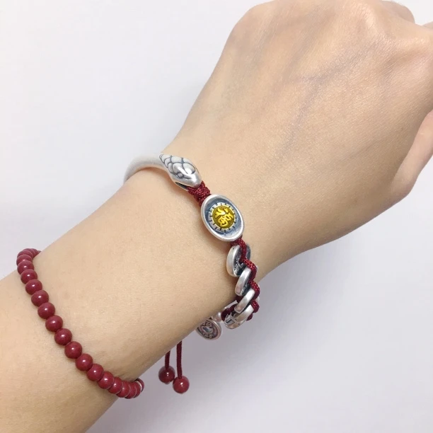 足银布艺手链 999足银生肖蛇半镯五帝钱手工编织国风款女手链