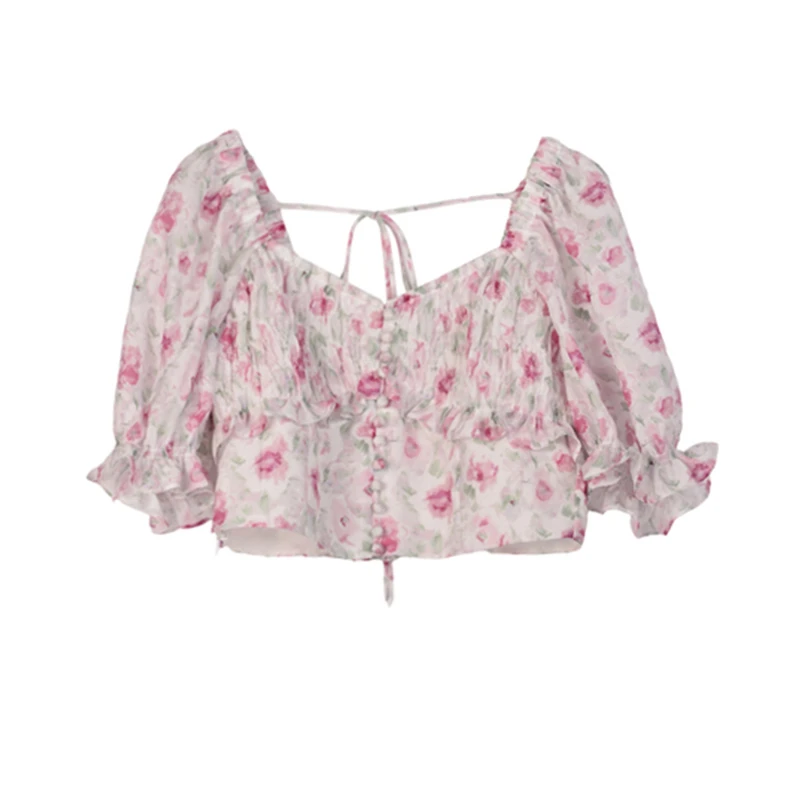 【小魏】夏季短款泡泡袖简约方领显瘦百搭小衫25C1952