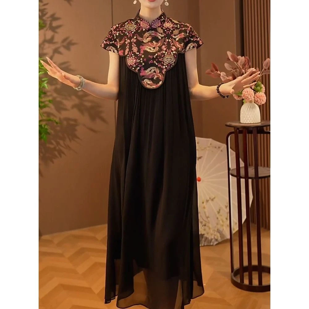 送腰带!新中式国发轻奢端庄立领连衣裙2025夏季新款通勤休闲A字裙