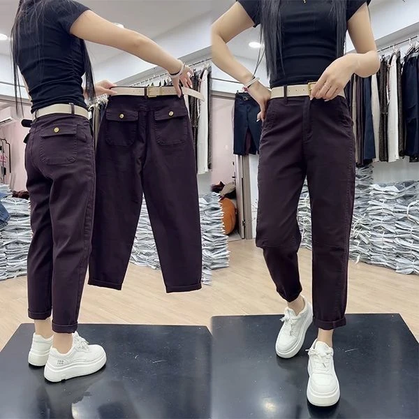 2025纯色早春新款弹力休闲裤女宽松高腰工装裤显瘦九分哈伦老爹裤