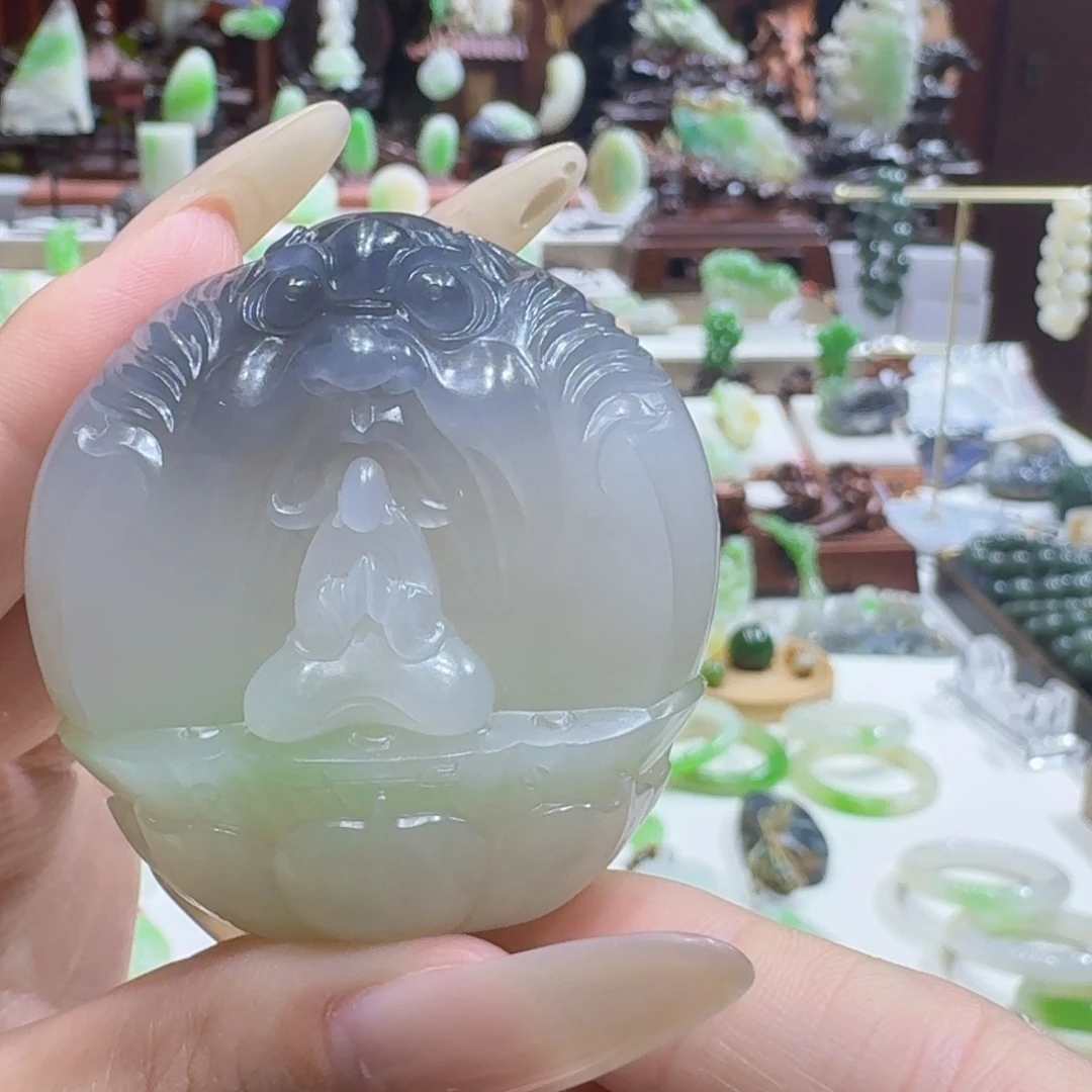 和田玉（翠青玉）未镶嵌挂件翠青参禅悟道