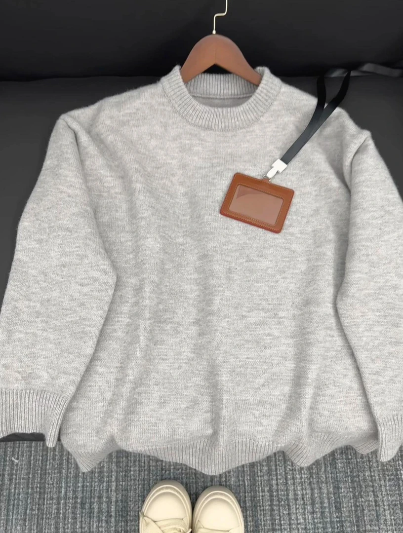 cleanfi浅灰色毛衣男秋季高级感圆领内搭打底衫宽松慵懒风针织衫v