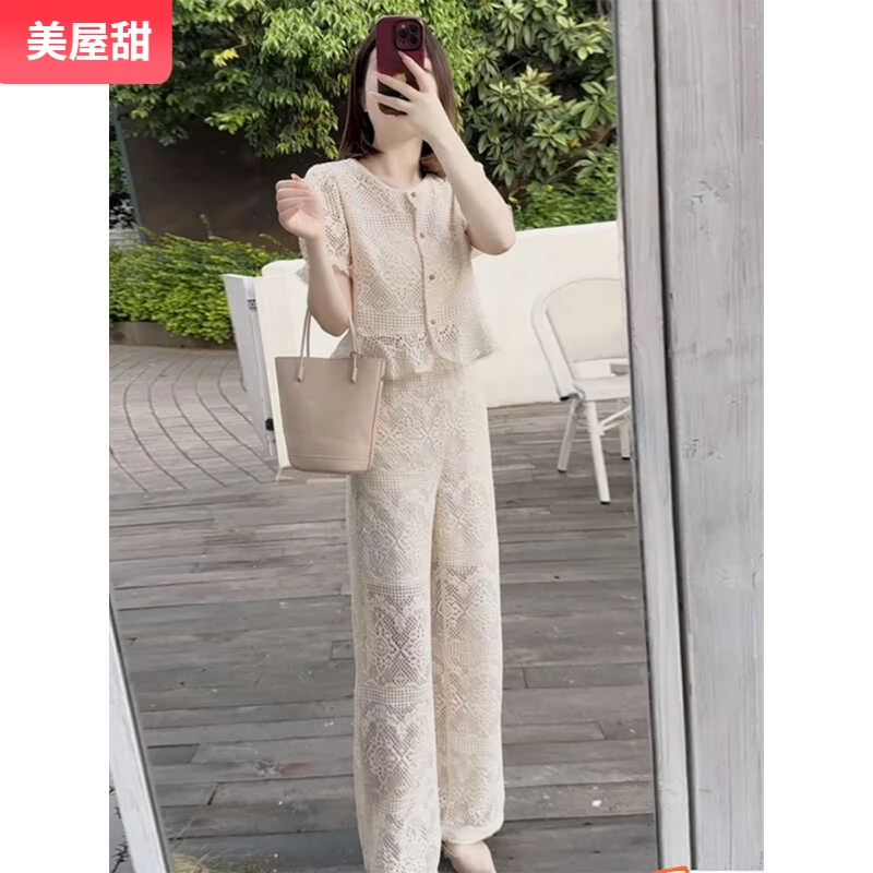 1炸街减龄时尚套装女夏季妈妈时髦上衣阔腿裤子休闲两件套I