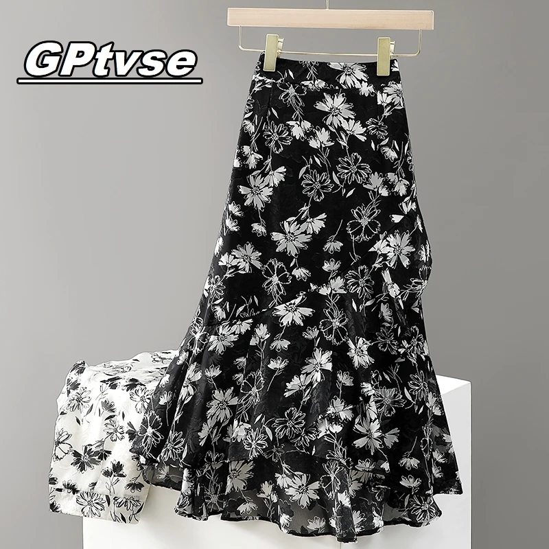 GPTVSE碎花荷叶边半身裙女夏季薄款不规则鱼尾裙气质显瘦雪纺印花