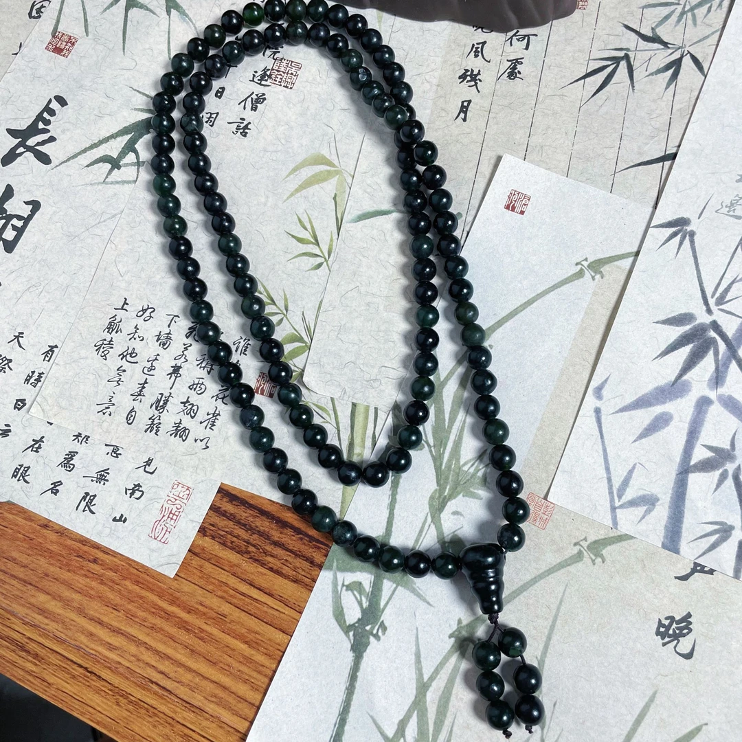 天然蛇纹石药王石108颗珠子项链男士时尚简约百搭项链可小众珠宝