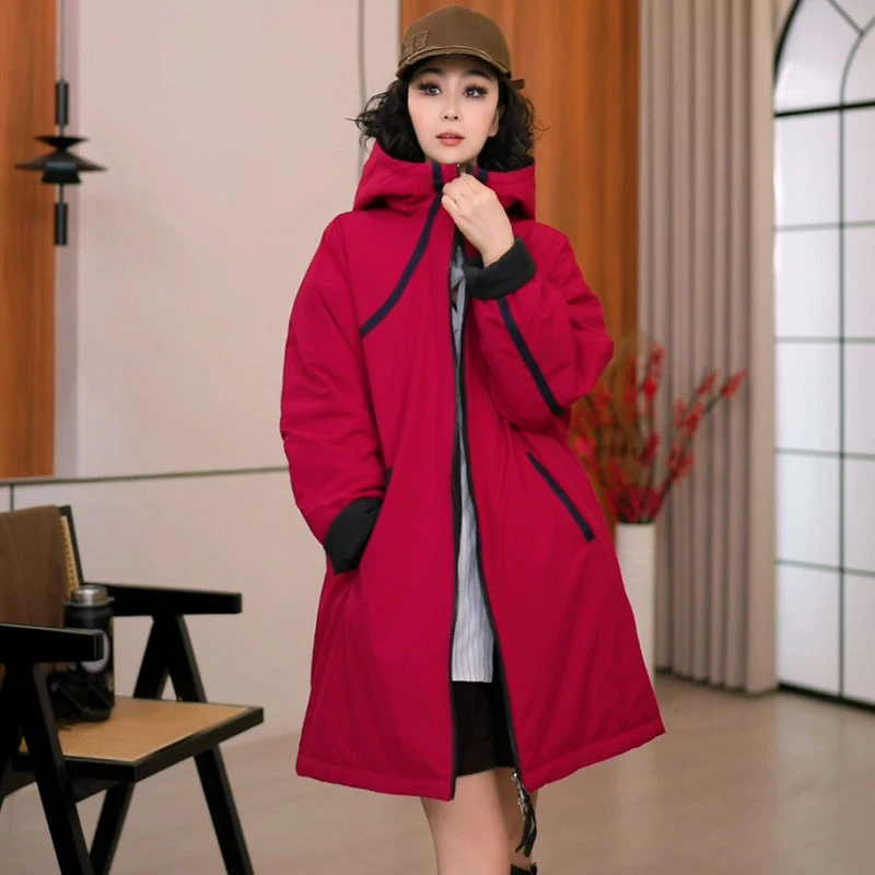 9263-6856秋冬新款2025宽松休闲连帽两面穿拼色棉衣外套女