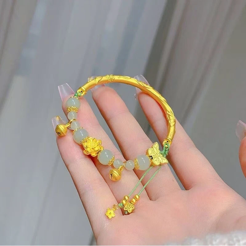 铜合金手链 黄金色蝴蝶莲花手镯女2024新款福管半镯精致高级铃铛
