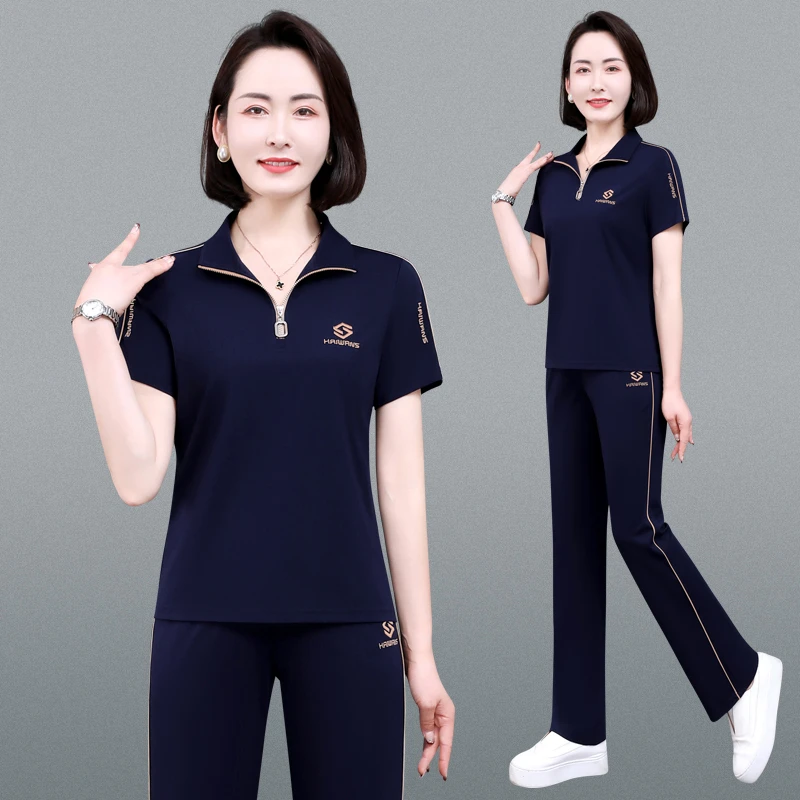 恩狐中年妈妈夏季新款时尚休闲运动套装中老年女遮肉减龄两件套装