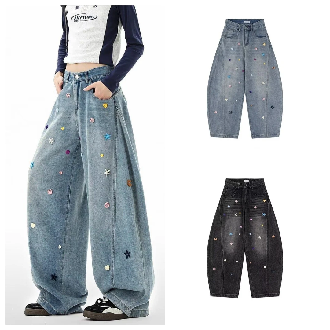 美式复古夏季宽松休闲情侣复古彩色手工纽扣牛仔裤男女休闲阔腿裤
