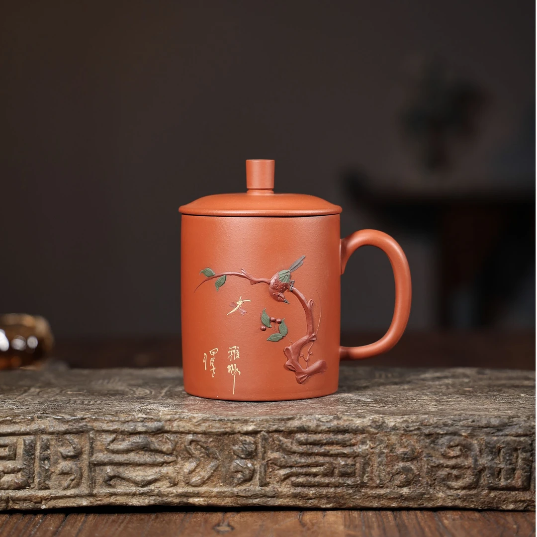 【一轩紫砂-喜鹊登枝杯 】赵庄生砂朱泥 泥绘 宜兴原矿紫砂手工杯