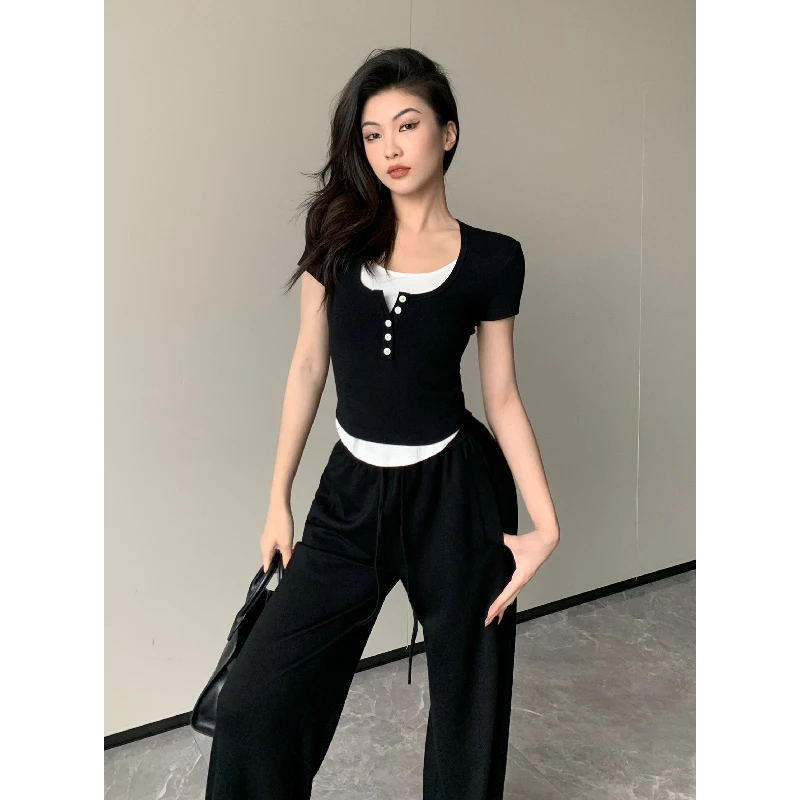 【清仓】JIJINQI夏季显瘦设计假两件修身上衣百搭短袖t恤JINQC0512