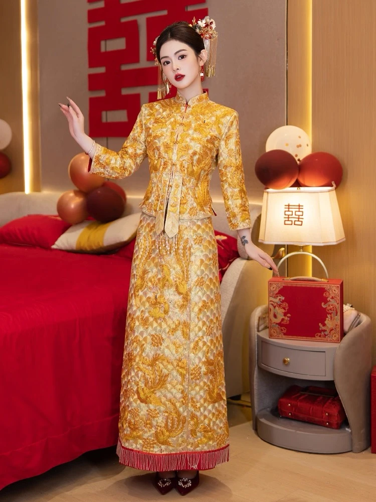 2025年新款黄金甲龙凤褂褂皇女士结婚婚服奢华显瘦嫁衣敬酒服秀禾