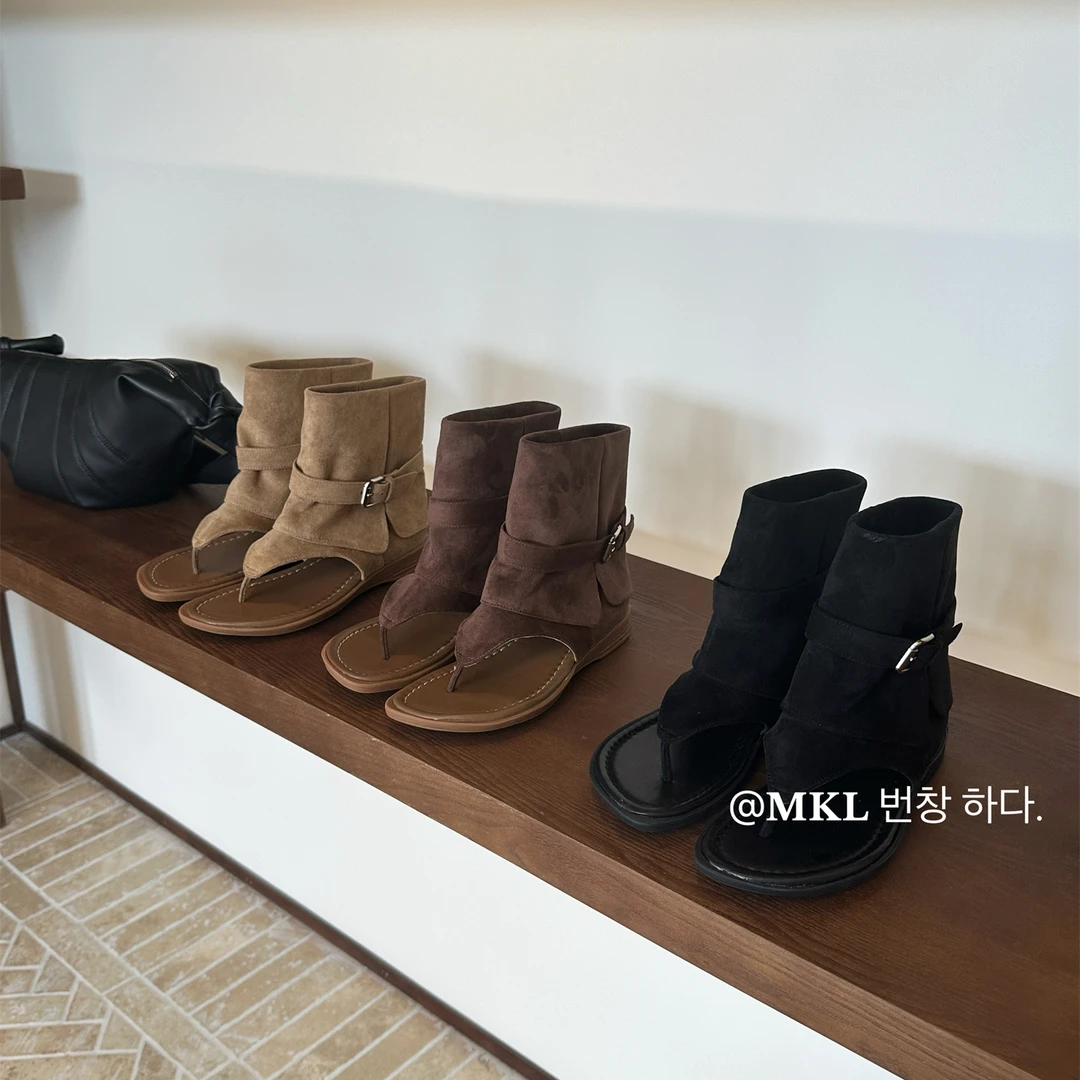 厚底绒面西部牛仔鞋夹趾凉靴女鞋2025夏季旅游新疆靴配裙子短靴子