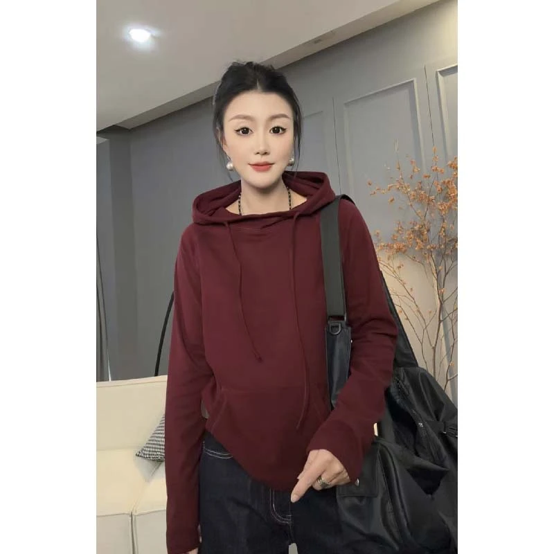 7823太谷休闲初秋新款长袖简约百搭连帽双面绒口袋帽衫宽松