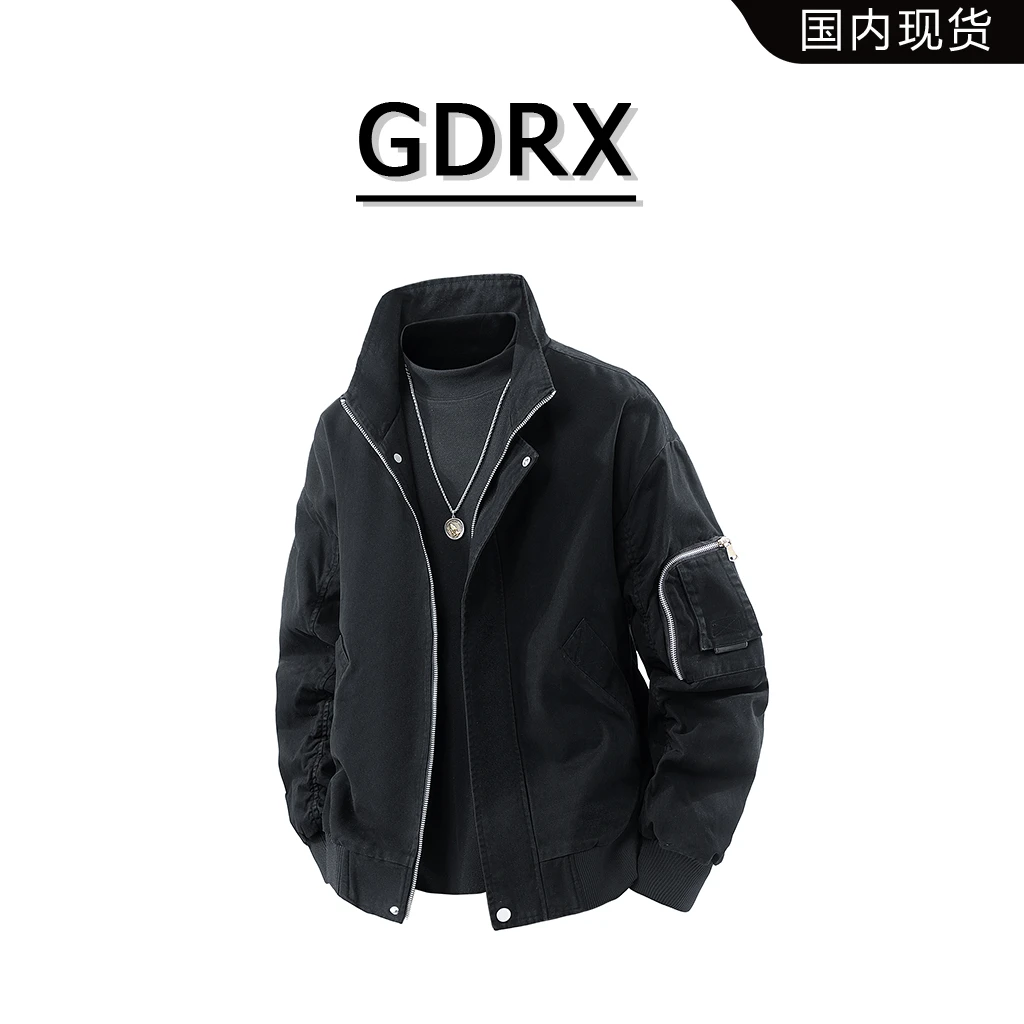 GDRX美式复古工装立领夹克男秋季潮牌拼接设计飞行员宽松纯棉外套