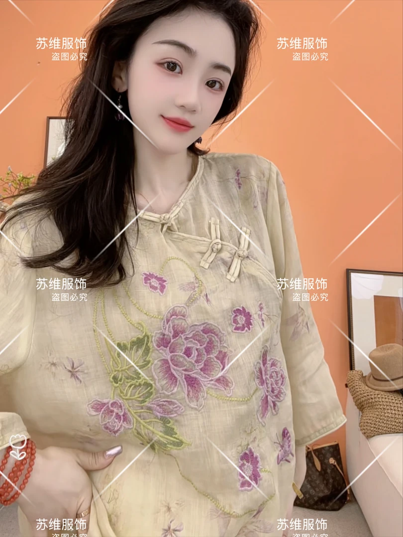 2237夏季新中式宽松苎麻五分袖圆领印花刺绣民族风衬衫