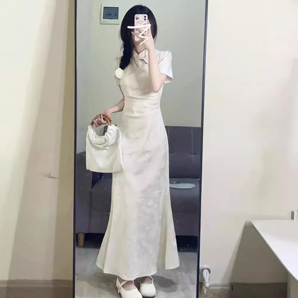 显瘦气质微胖婚服新中式长款旗袍连衣夏季女蕾丝2025轻奢痞帅男装