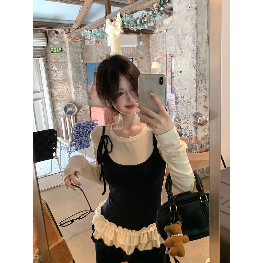 设计感假两件花边长袖T恤女春季2025新款修身显瘦甜美风韩系上衣