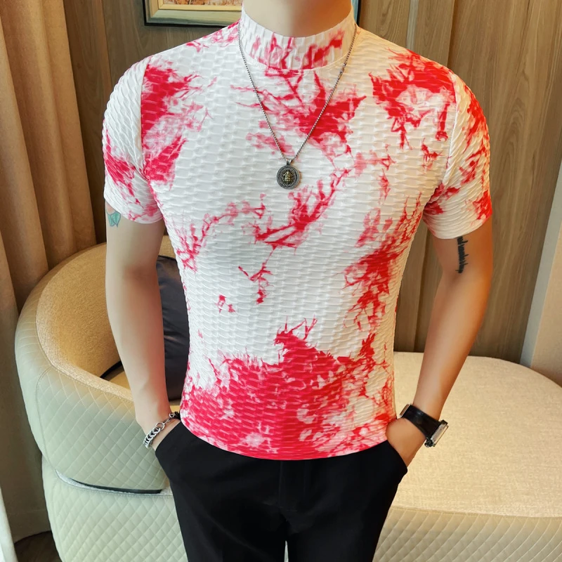 DeweLvum夏季扎染时尚短袖T恤男潮韩版修身撞色百搭半袖上衣男装